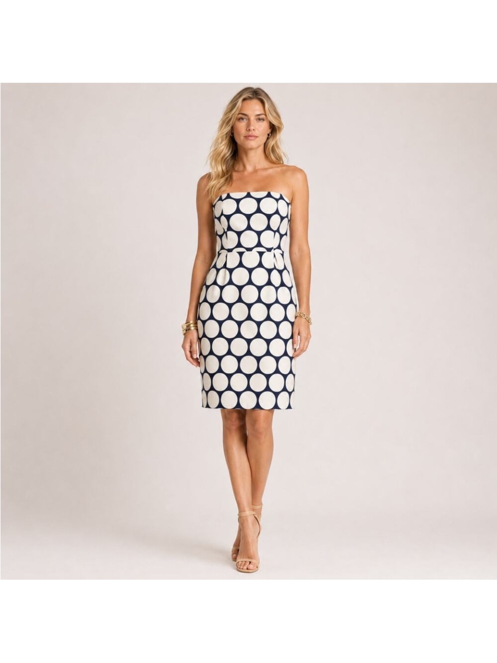 Banana Republic Navy and Cream Strapless Polka Dot Sheath Dress